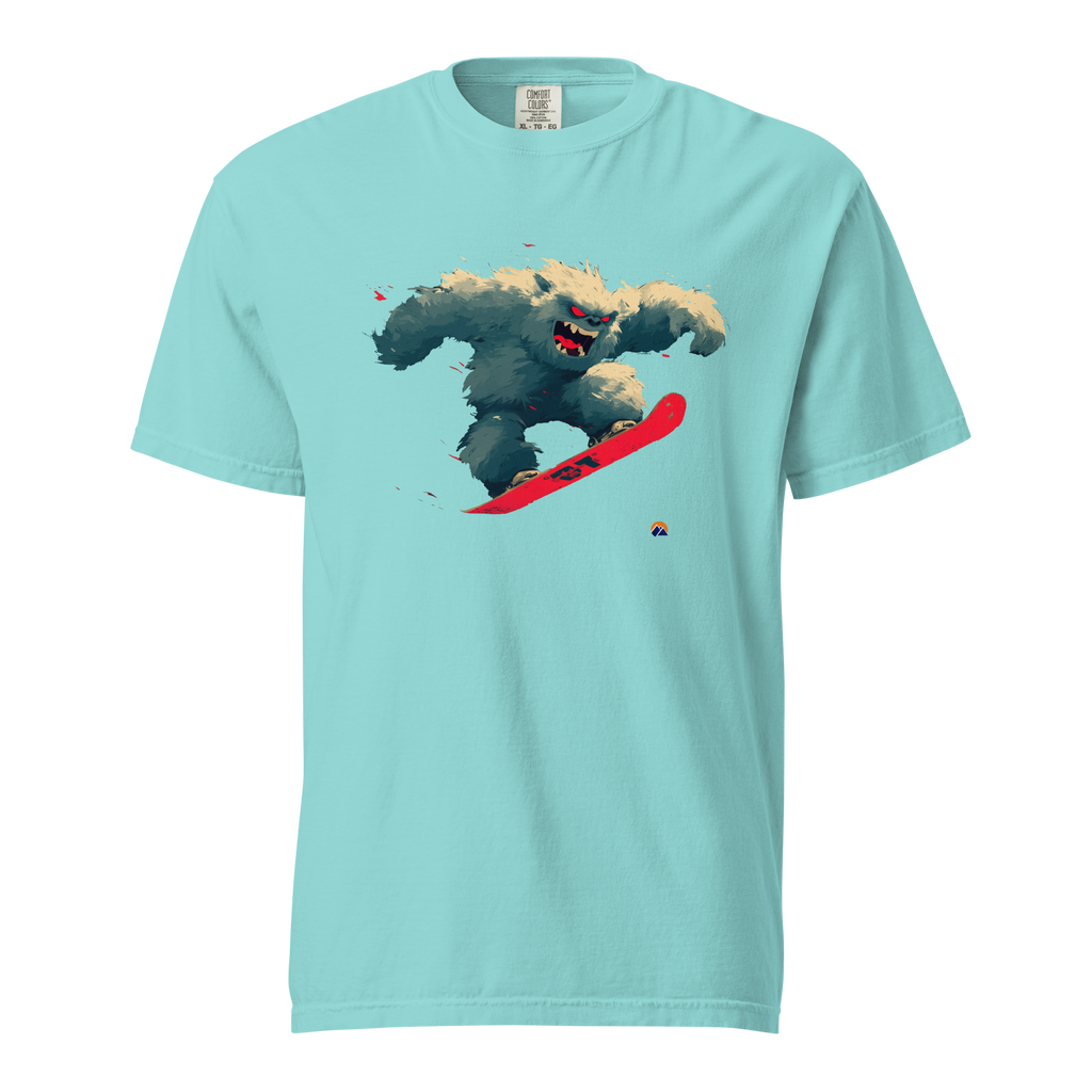 Dark Yeti — Grin Dwellers Lagoon Blue heavyweight garment-dyed tee, front view