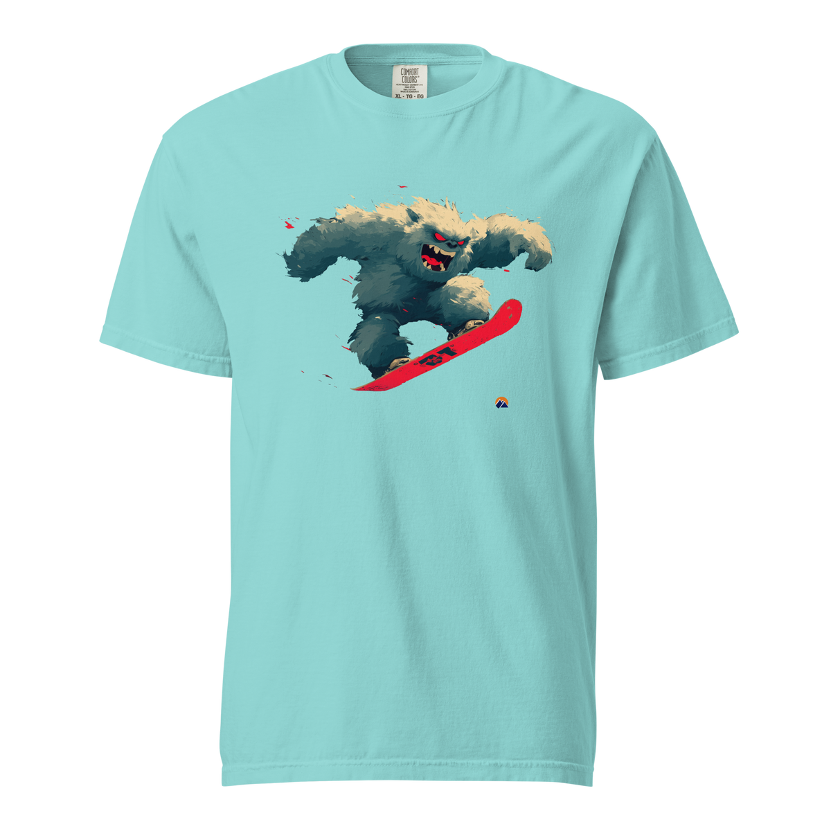 Dark Yeti — Grin Dwellers Lagoon Blue heavyweight garment-dyed tee, front view