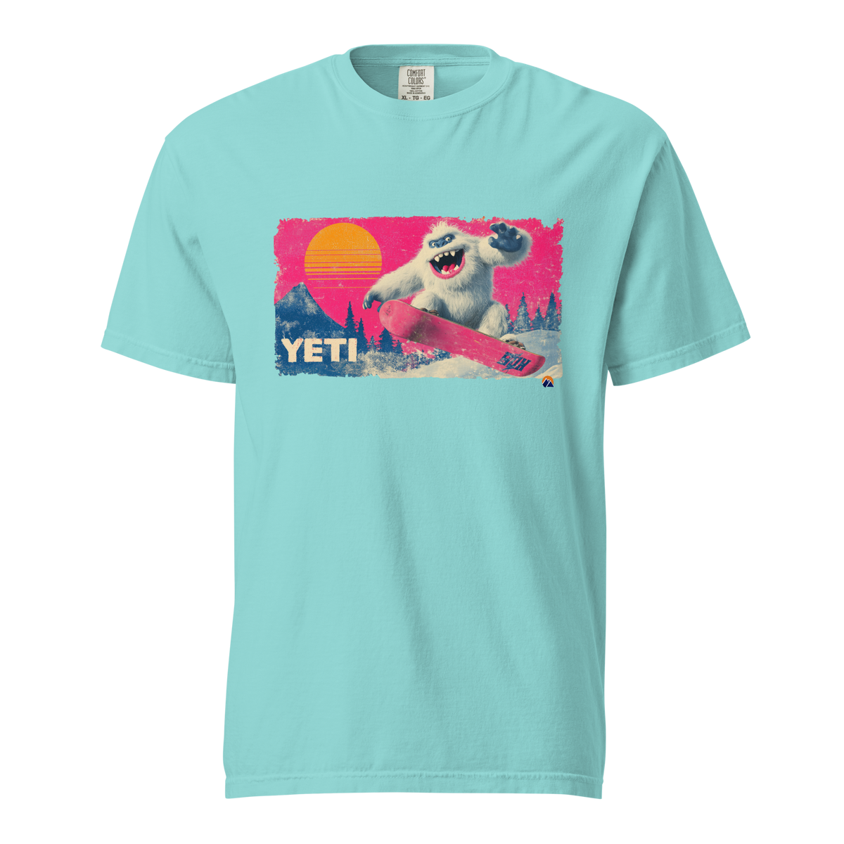 Yeti Shredder — Grin Dwellers Lagoon Blue heavyweight garment-dyed tee, front view