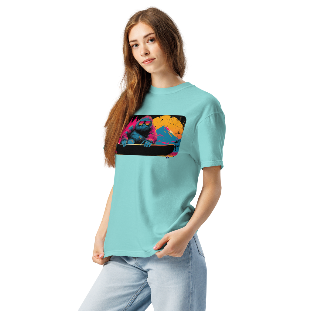 Neon Yeti — Grin Dwellers Lagoon Blue heavyweight garment-dyed tee, side view