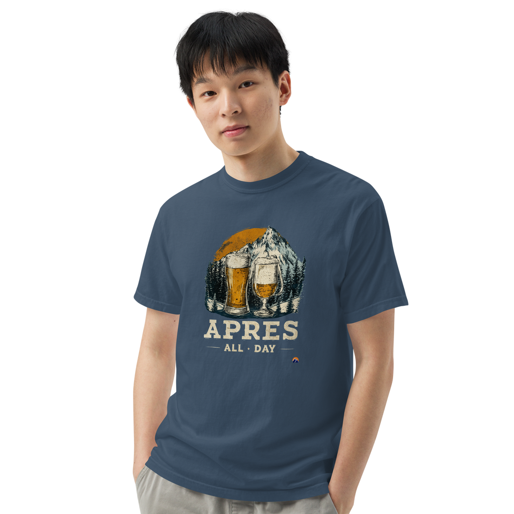 Apres All Day — Grin Dwellers Midnight heavyweight garment-dyed tee, close-up detail