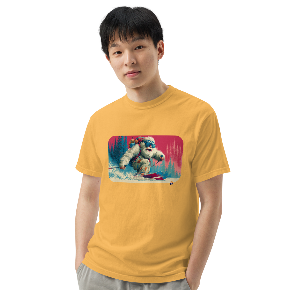 Pixel Yeti — Grin Dwellers Mustard heavyweight garment-dyed tee, close-up detail