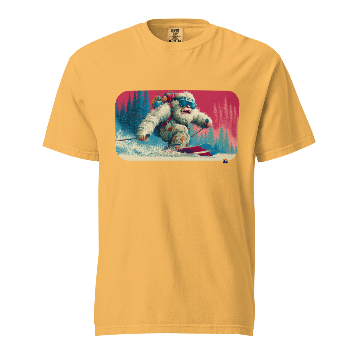 Pixel Yeti — Grin Dwellers Mustard heavyweight garment-dyed tee, front view