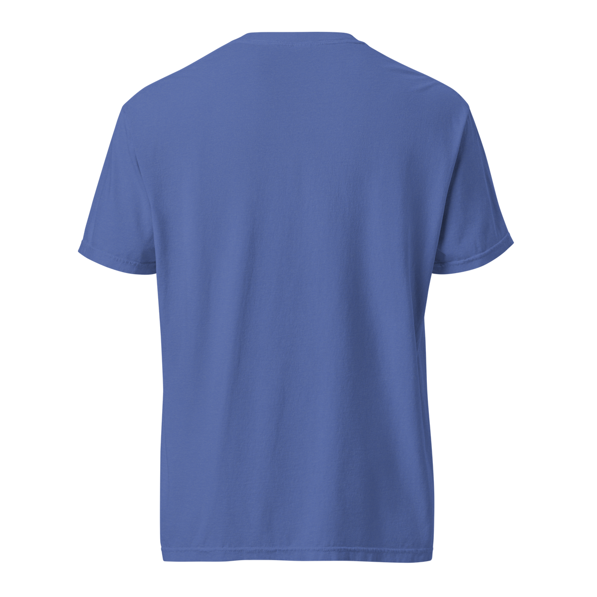 Happy Yeti — Grin Dwellers Mystic Blue heavyweight garment-dyed tee, back view