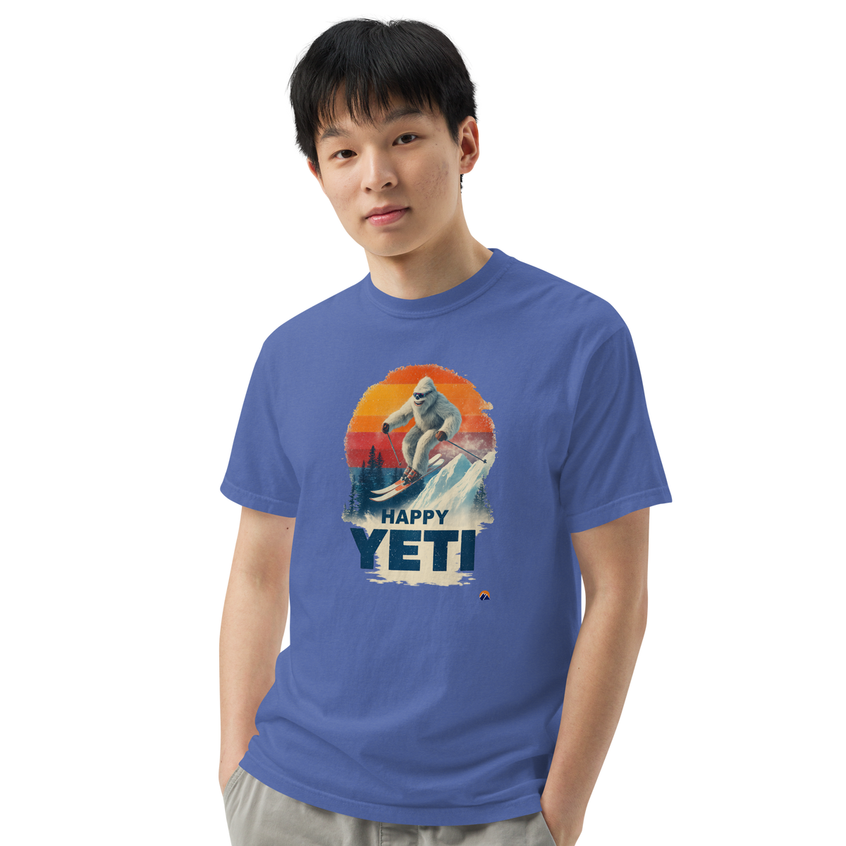 Happy Yeti — Grin Dwellers Mystic Blue heavyweight garment-dyed tee, close-up detail