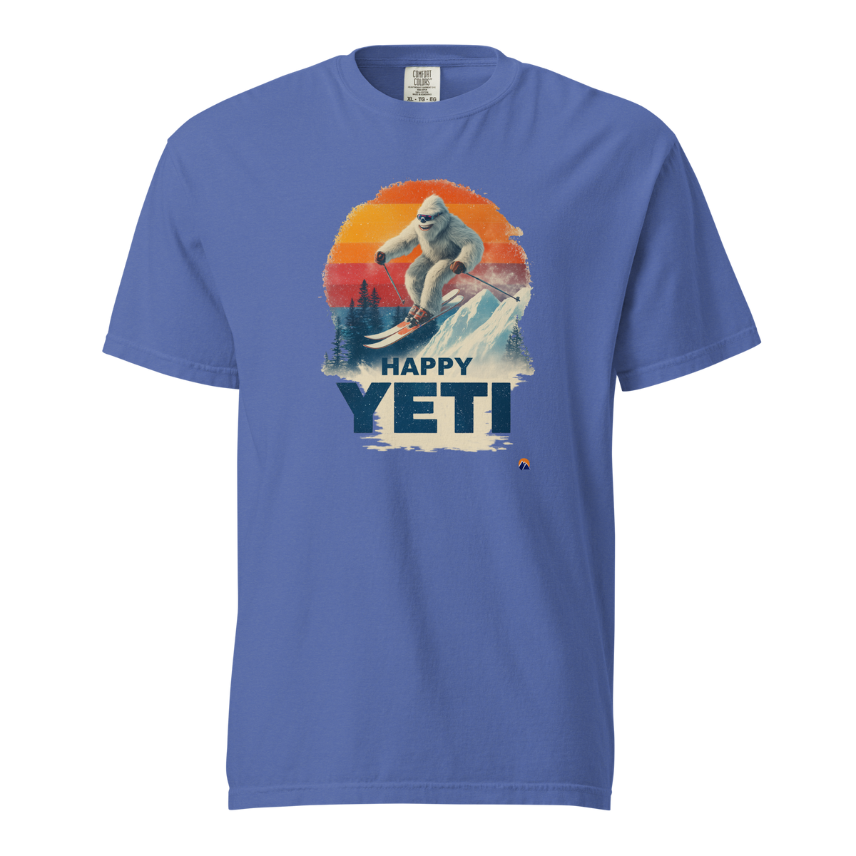 Happy Yeti — Grin Dwellers Mystic Blue heavyweight garment-dyed tee, front view
