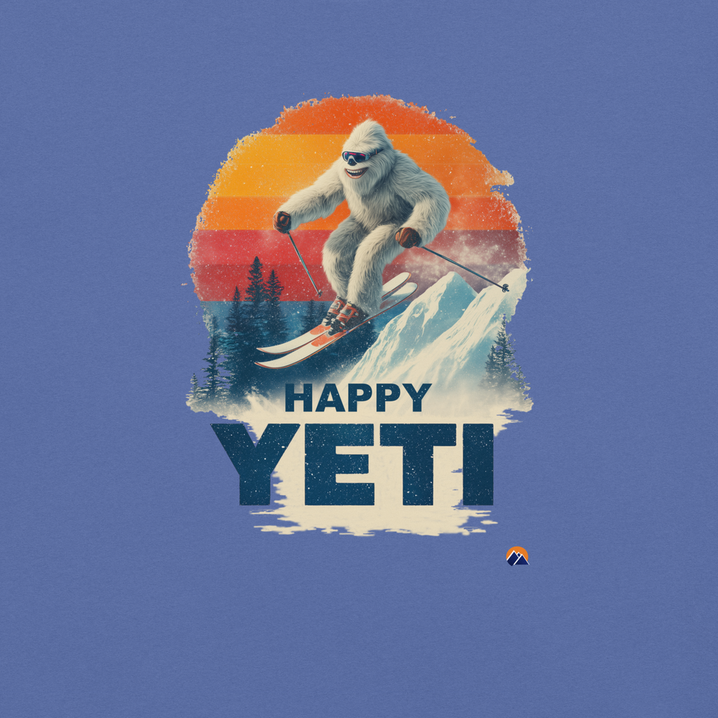 Happy Yeti — Grin Dwellers Mystic Blue heavyweight garment-dyed tee, detail view
