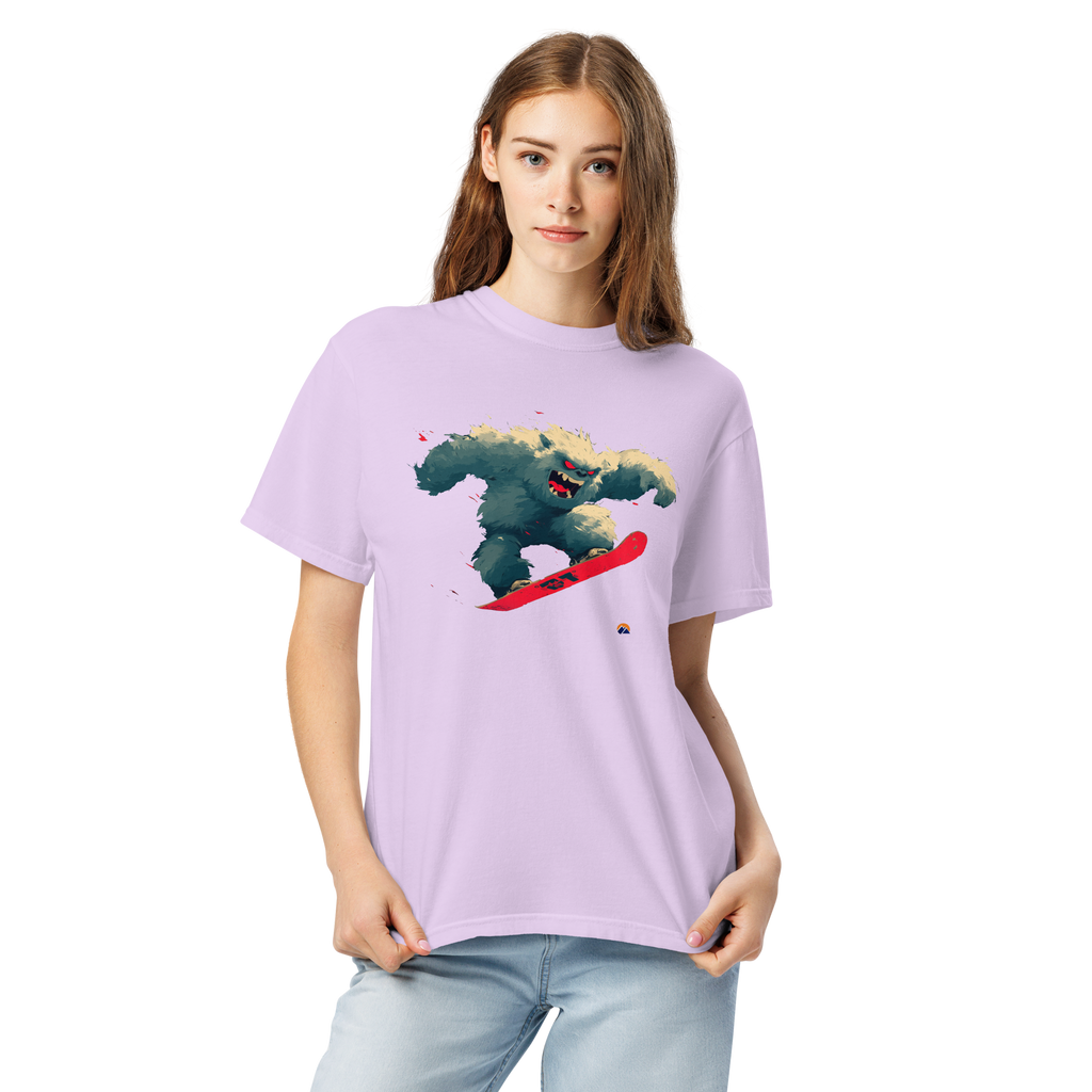 Dark Yeti — Grin Dwellers Orchid heavyweight garment-dyed tee, detail view