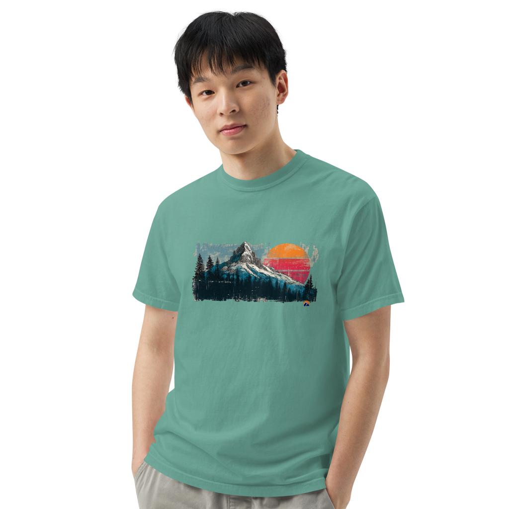 Sunset Summit — Grin Dwellers Seafoam heavyweight garment-dyed tee, close-up detail