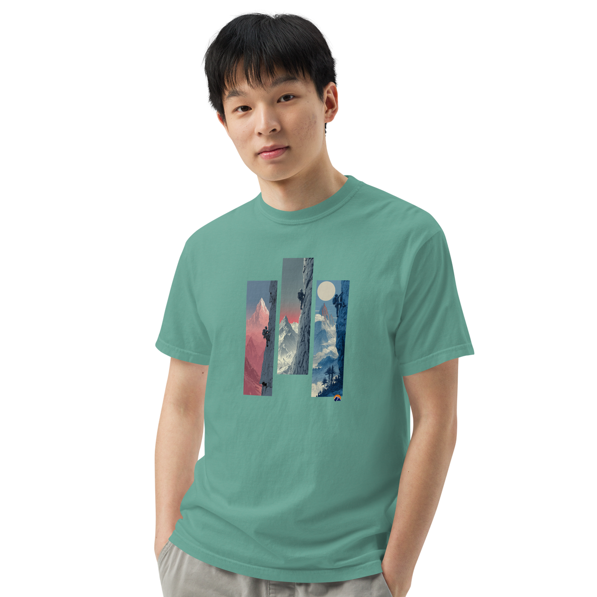 Three Walls — Grin Dwellers Seafoam heavyweight garment-dyed tee, close-up detail
