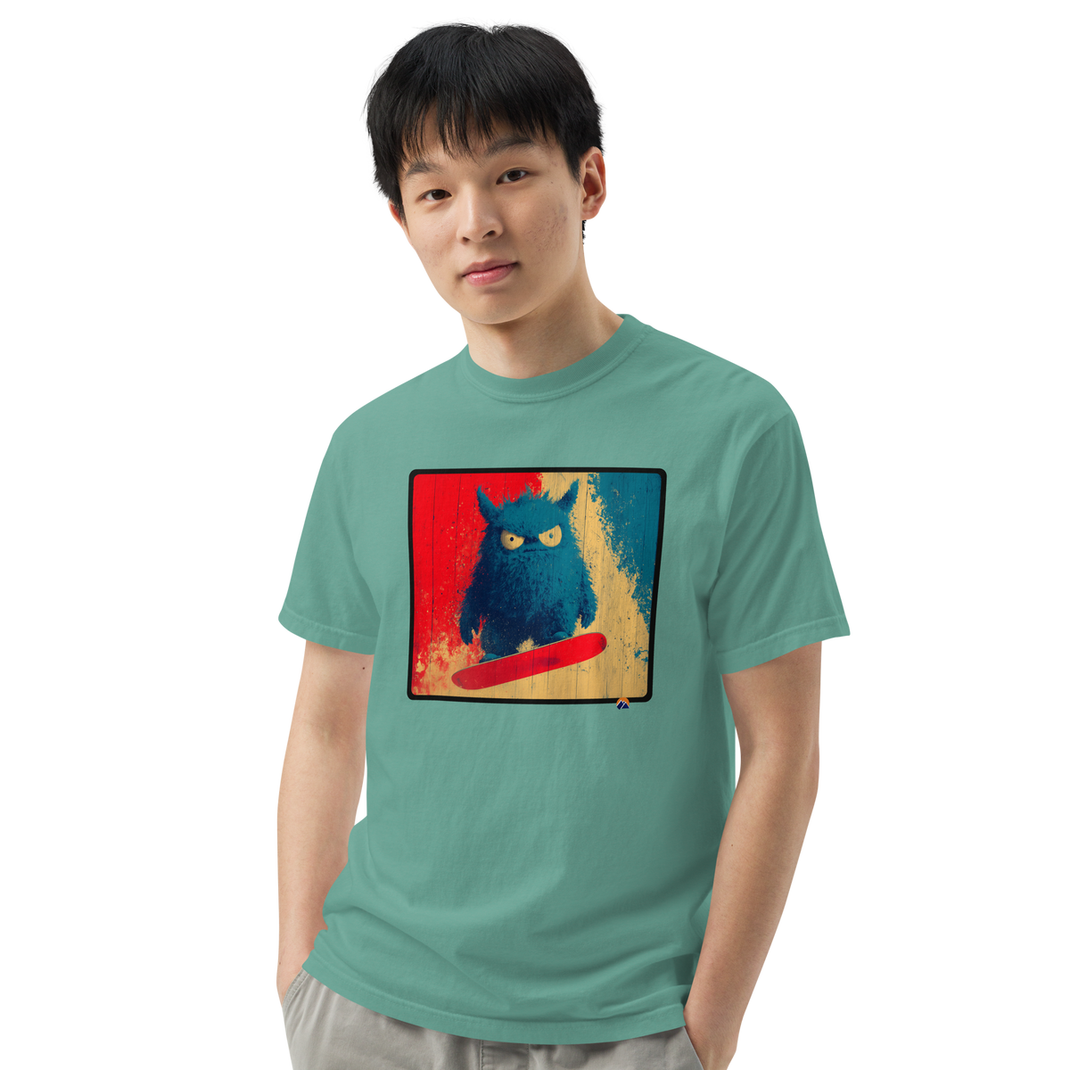 Grumpy Shredder — Grin Dwellers Seafoam heavyweight garment-dyed tee, close-up detail