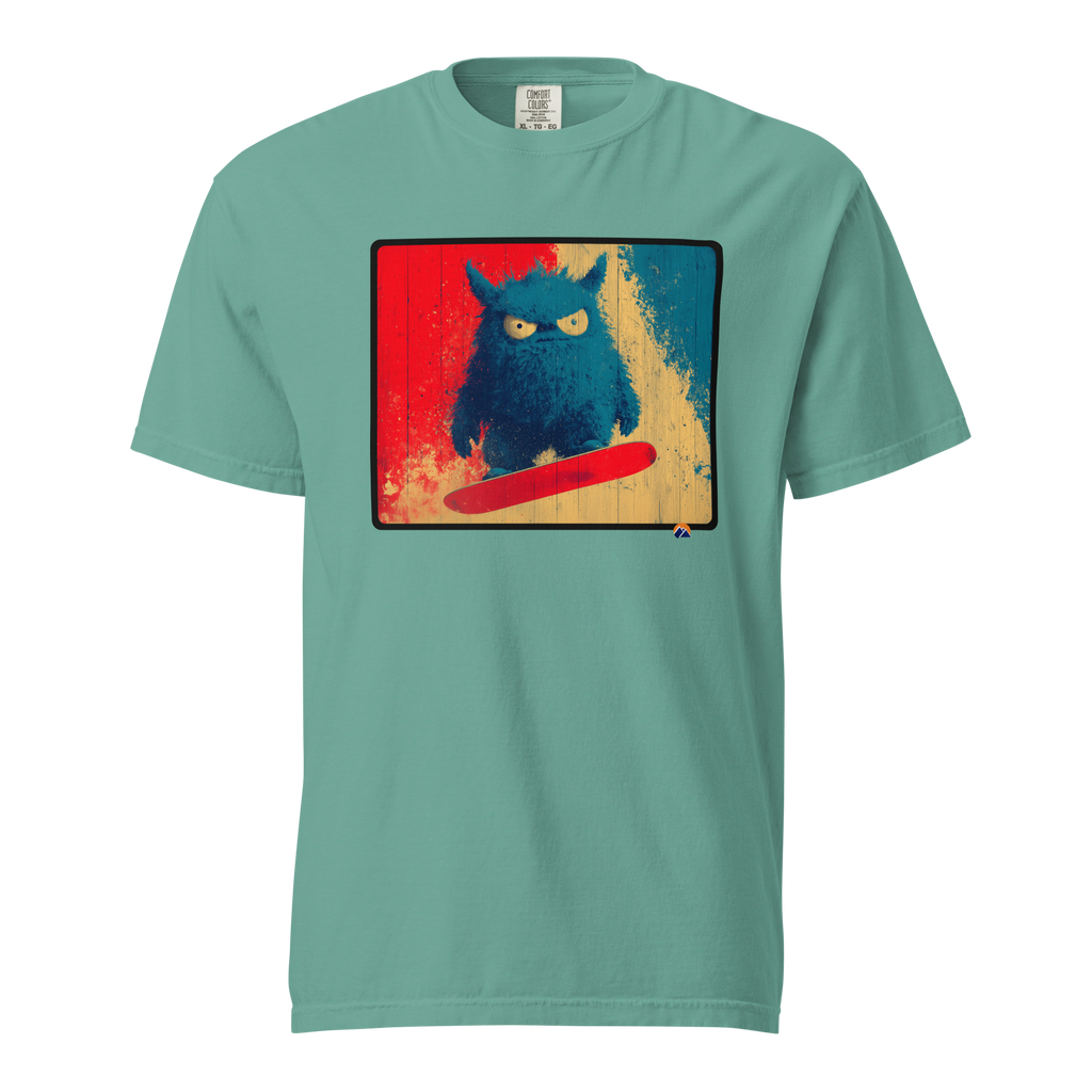 Grumpy Shredder — Grin Dwellers Seafoam heavyweight garment-dyed tee, front view