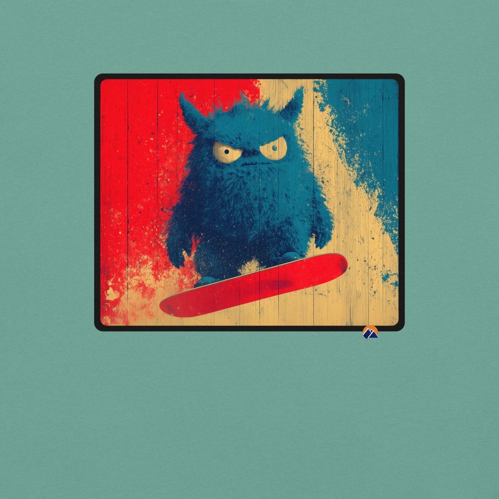 Grumpy Shredder — Grin Dwellers Seafoam heavyweight garment-dyed tee, detail view