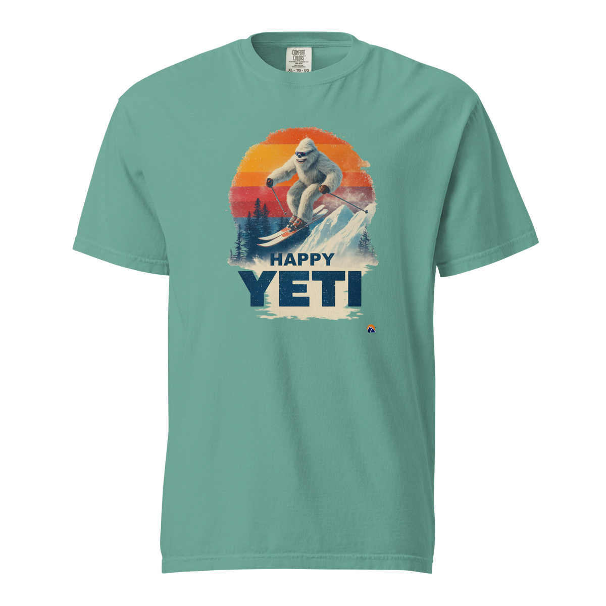 Happy Yeti — Grin Dwellers Seafoam heavyweight garment-dyed tee, front view