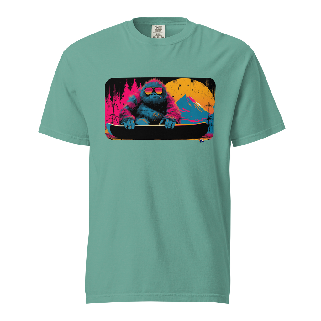 Neon Yeti — Grin Dwellers Seafoam heavyweight garment-dyed tee, front view