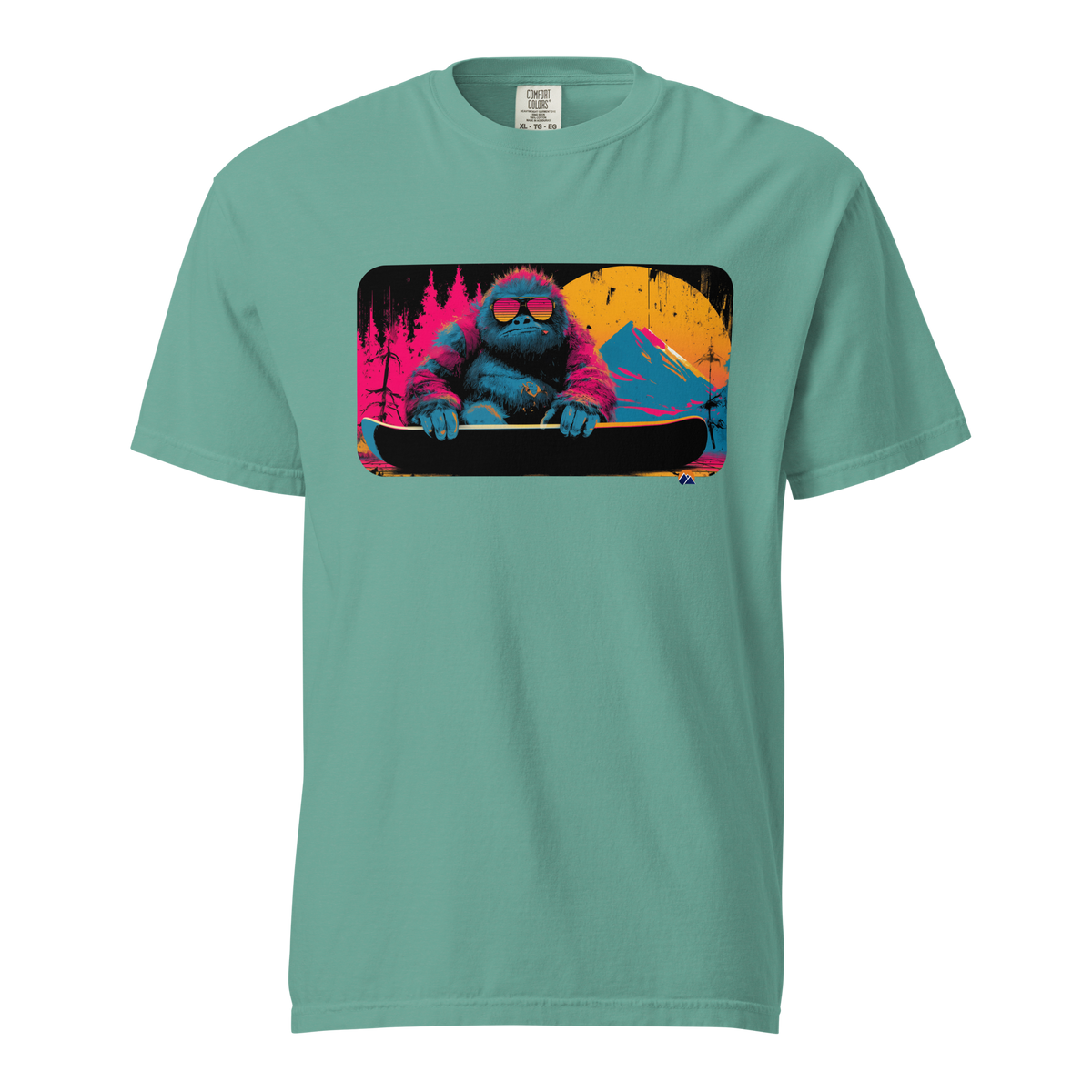 Neon Yeti — Grin Dwellers Seafoam heavyweight garment-dyed tee, front view