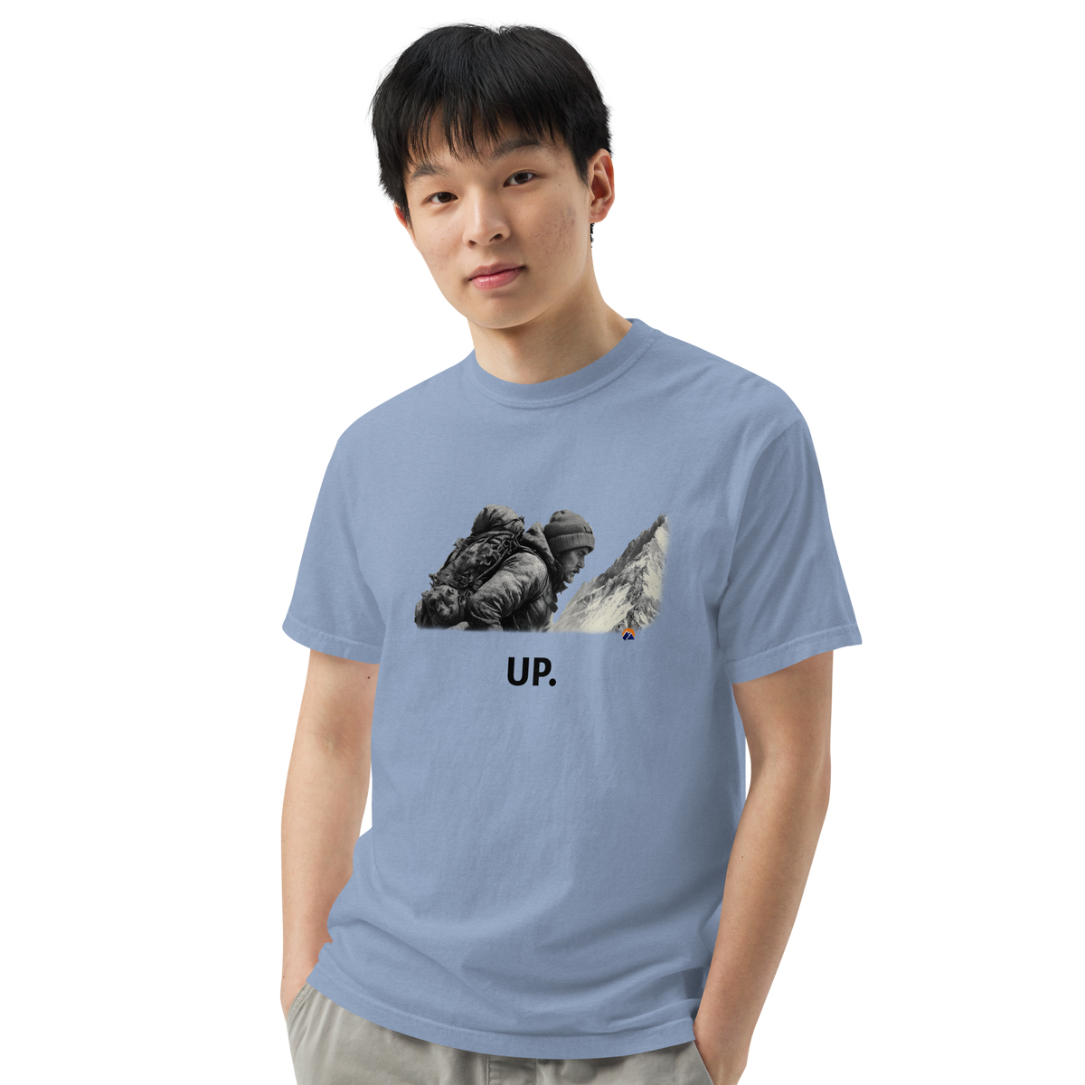 UP. — Grin Dwellers Washed Denim heavyweight garment-dyed tee, close-up detail