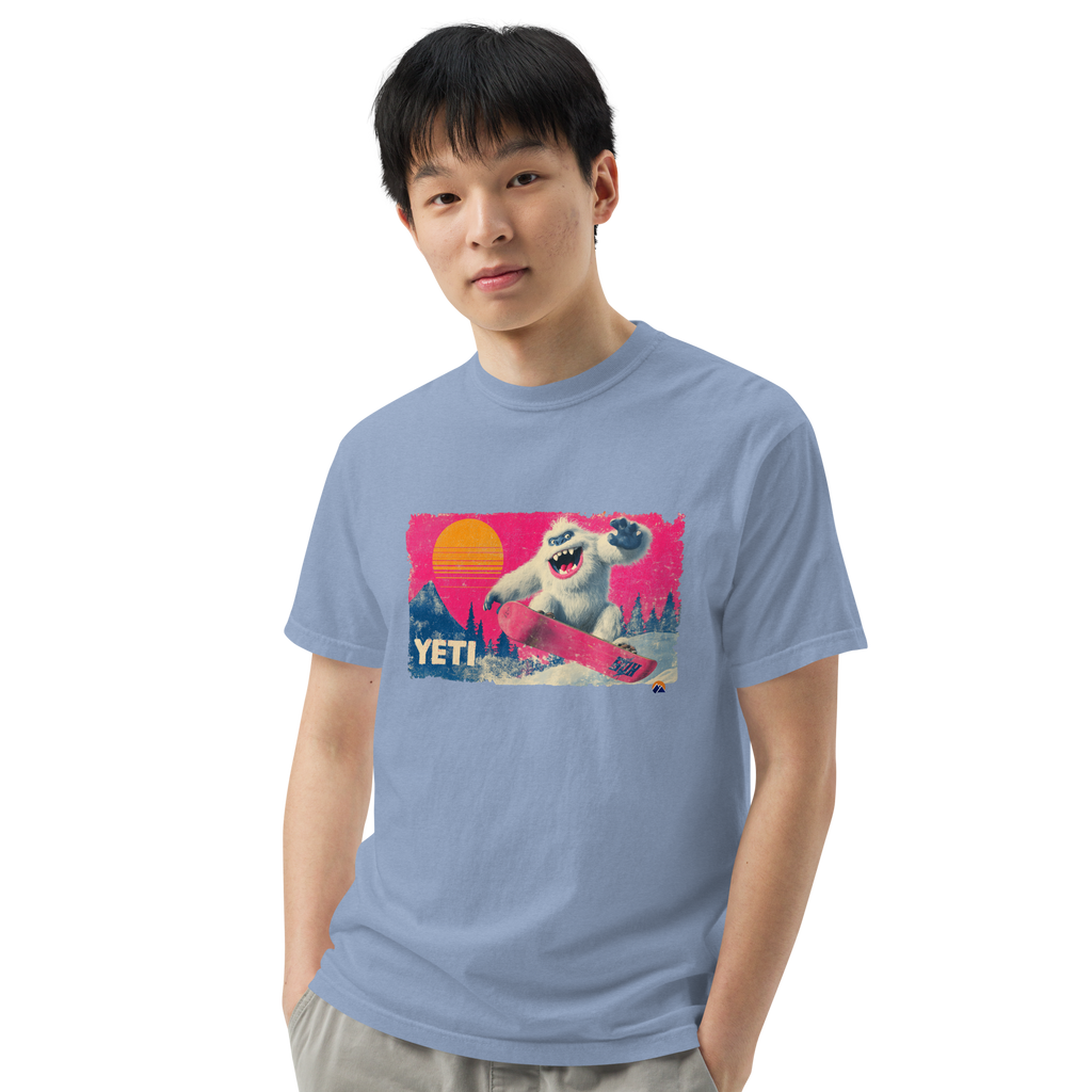 Yeti Shredder — Grin Dwellers Washed Denim heavyweight garment-dyed tee, close-up detail