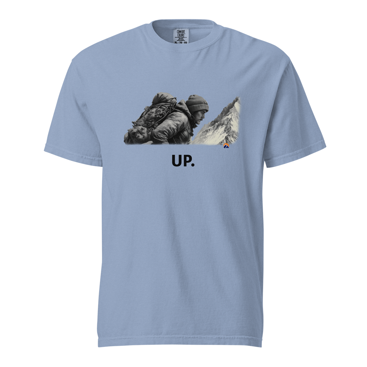 UP. — Grin Dwellers Washed Denim heavyweight garment-dyed tee, front view