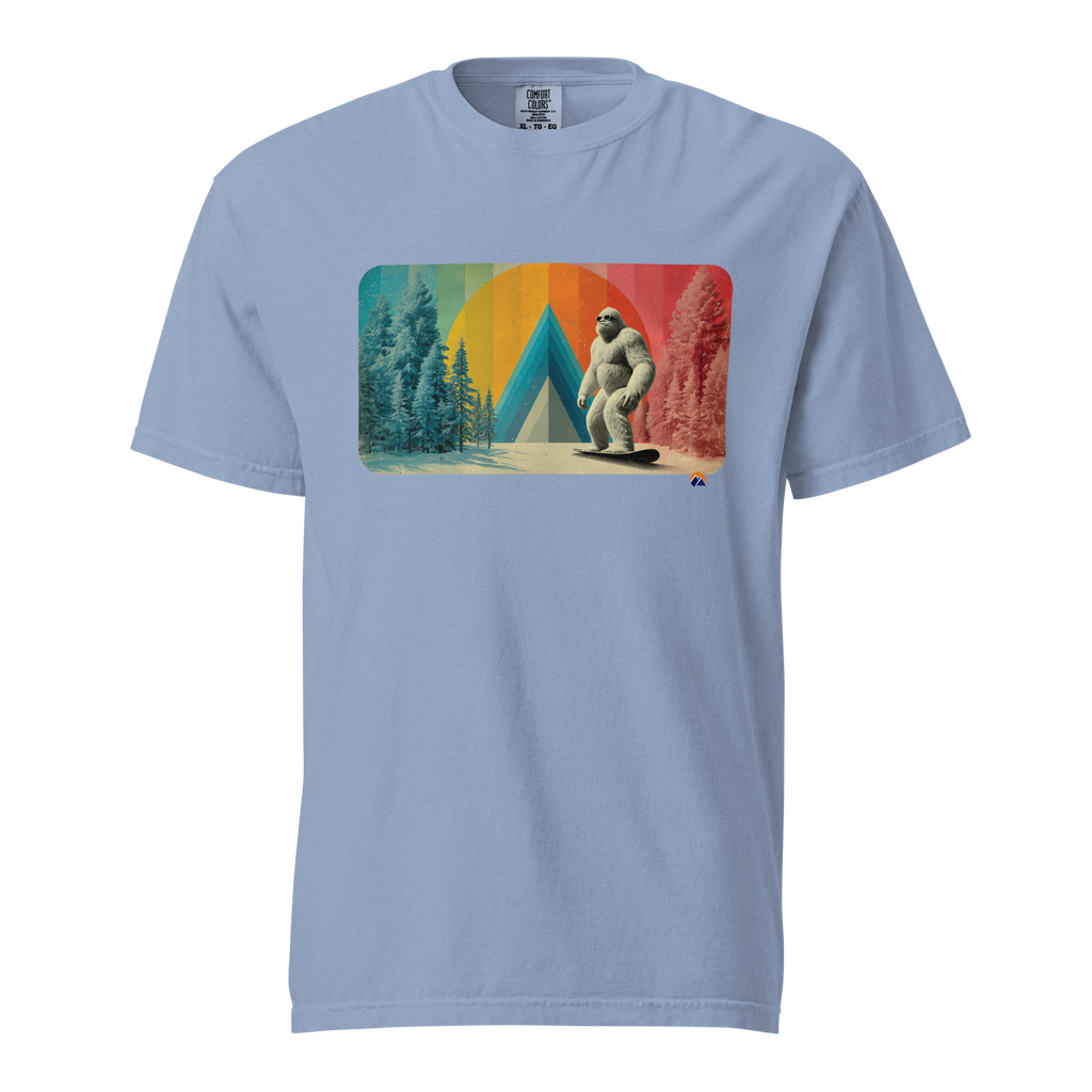 Retro Yeti Rider — Grin Dwellers Washed Denim heavyweight garment-dyed tee, front view