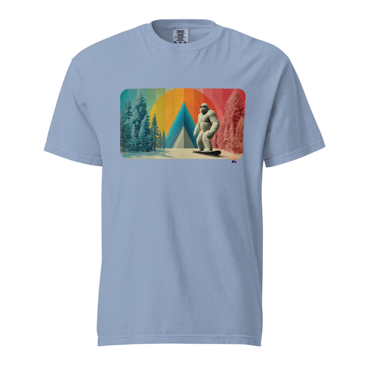 Retro Yeti Rider — Grin Dwellers Washed Denim heavyweight garment-dyed tee, front view