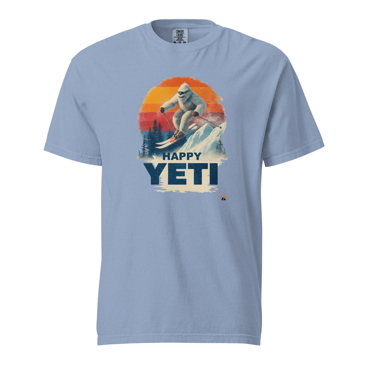 Happy Yeti — Grin Dwellers Washed Denim heavyweight garment-dyed tee, front view