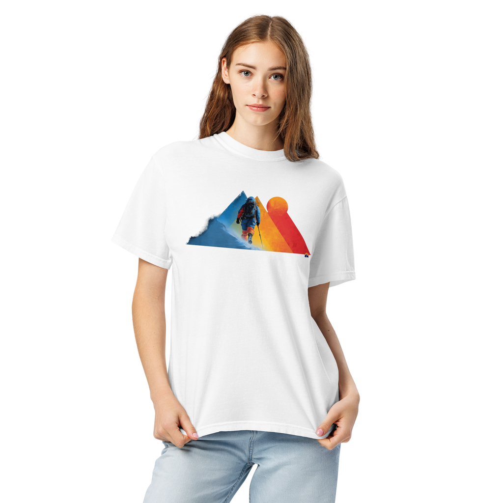 Winter Alpinist — Grin Dwellers White heavyweight garment-dyed tee, detail view