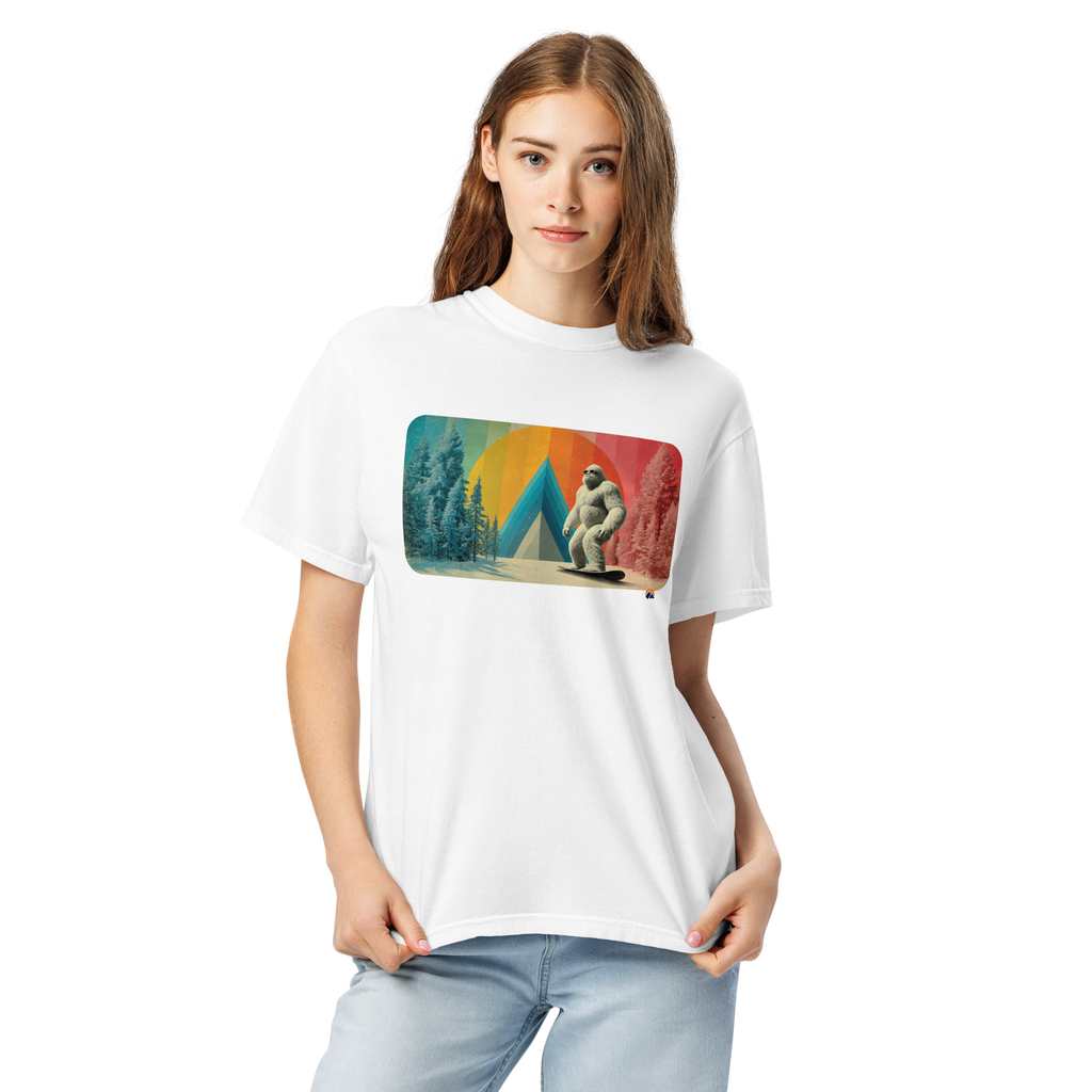 Retro Yeti Rider — Grin Dwellers White heavyweight garment-dyed tee, detail view