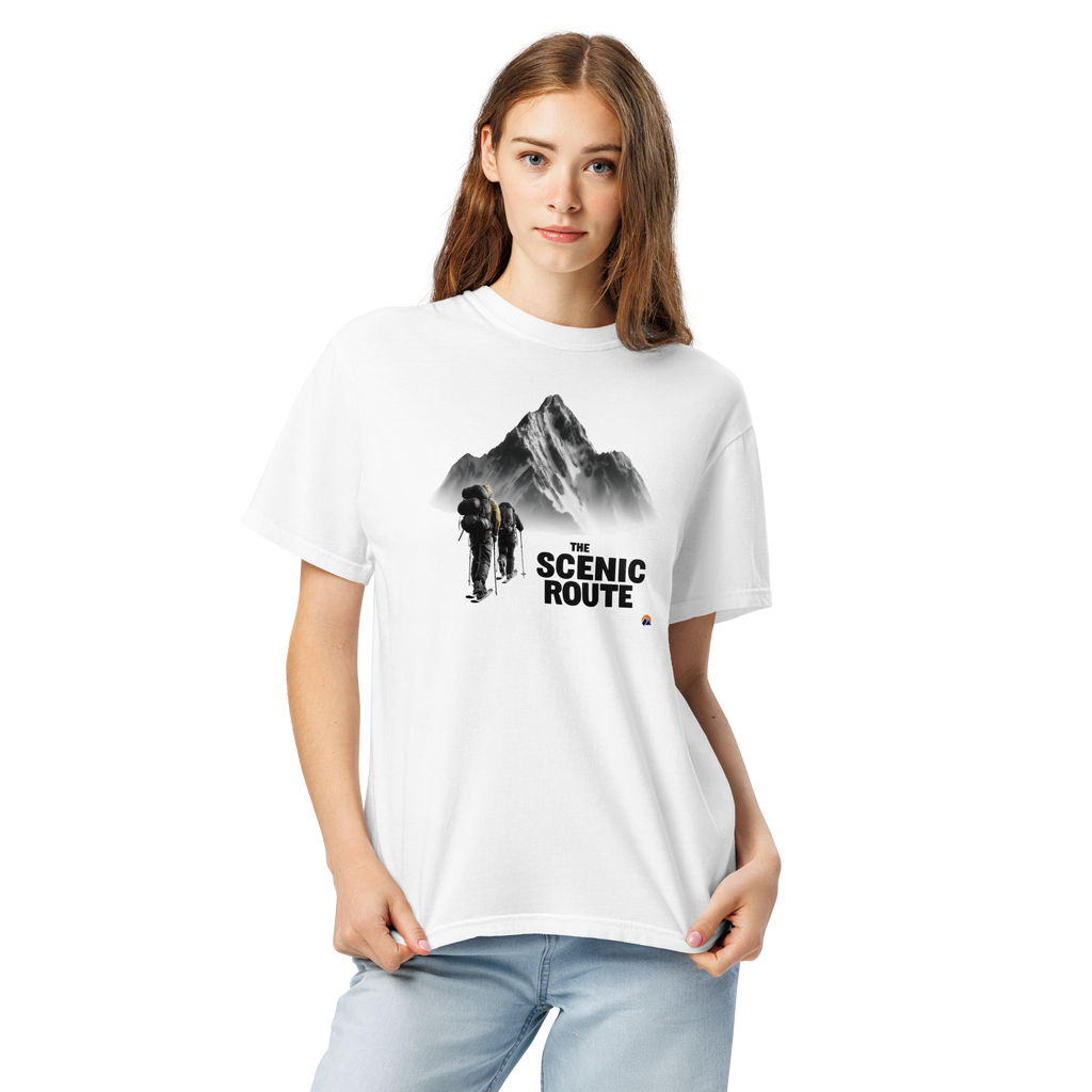The Scenic Route — Grin Dwellers White heavyweight garment-dyed tee, detail view