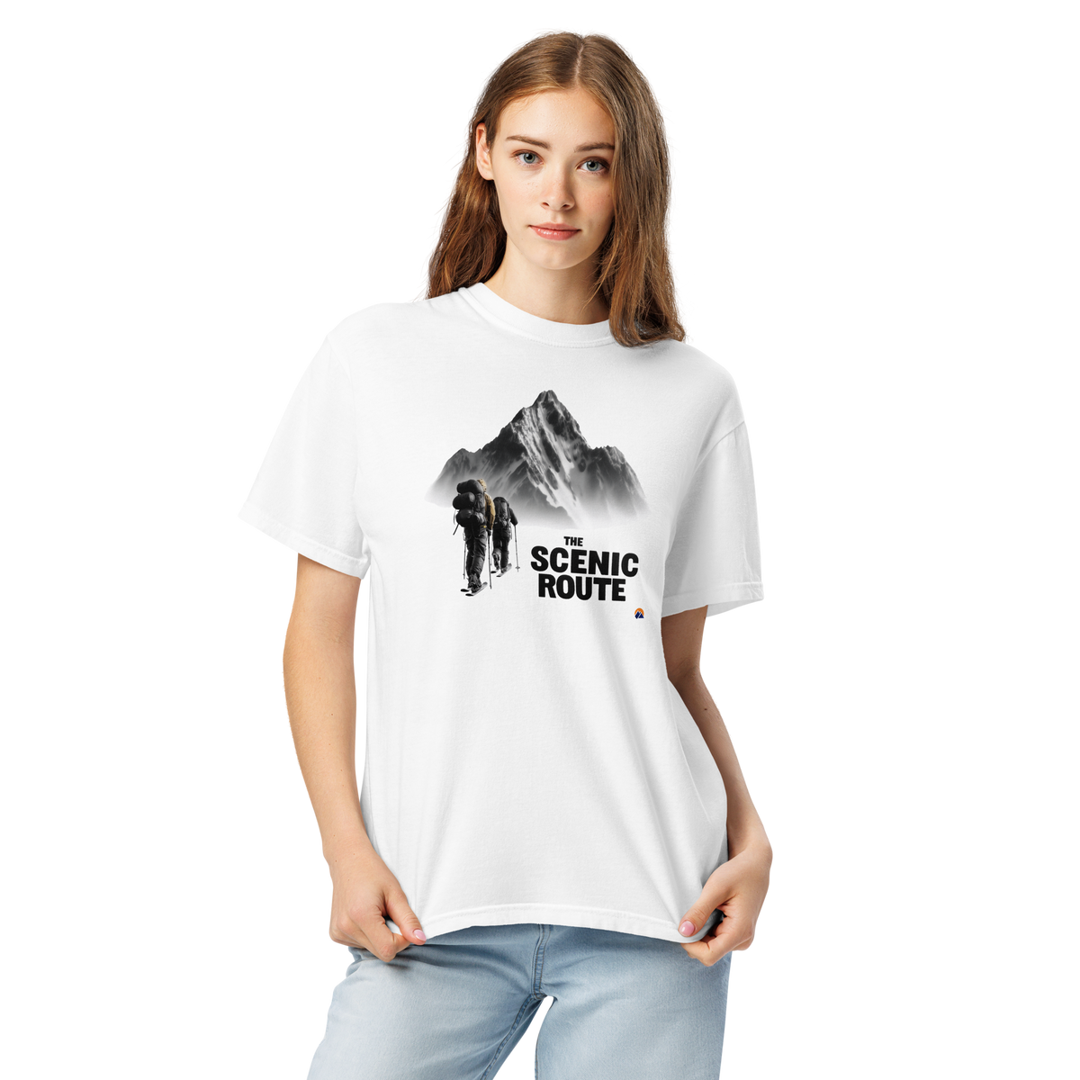 The Scenic Route — Grin Dwellers White heavyweight garment-dyed tee, detail view