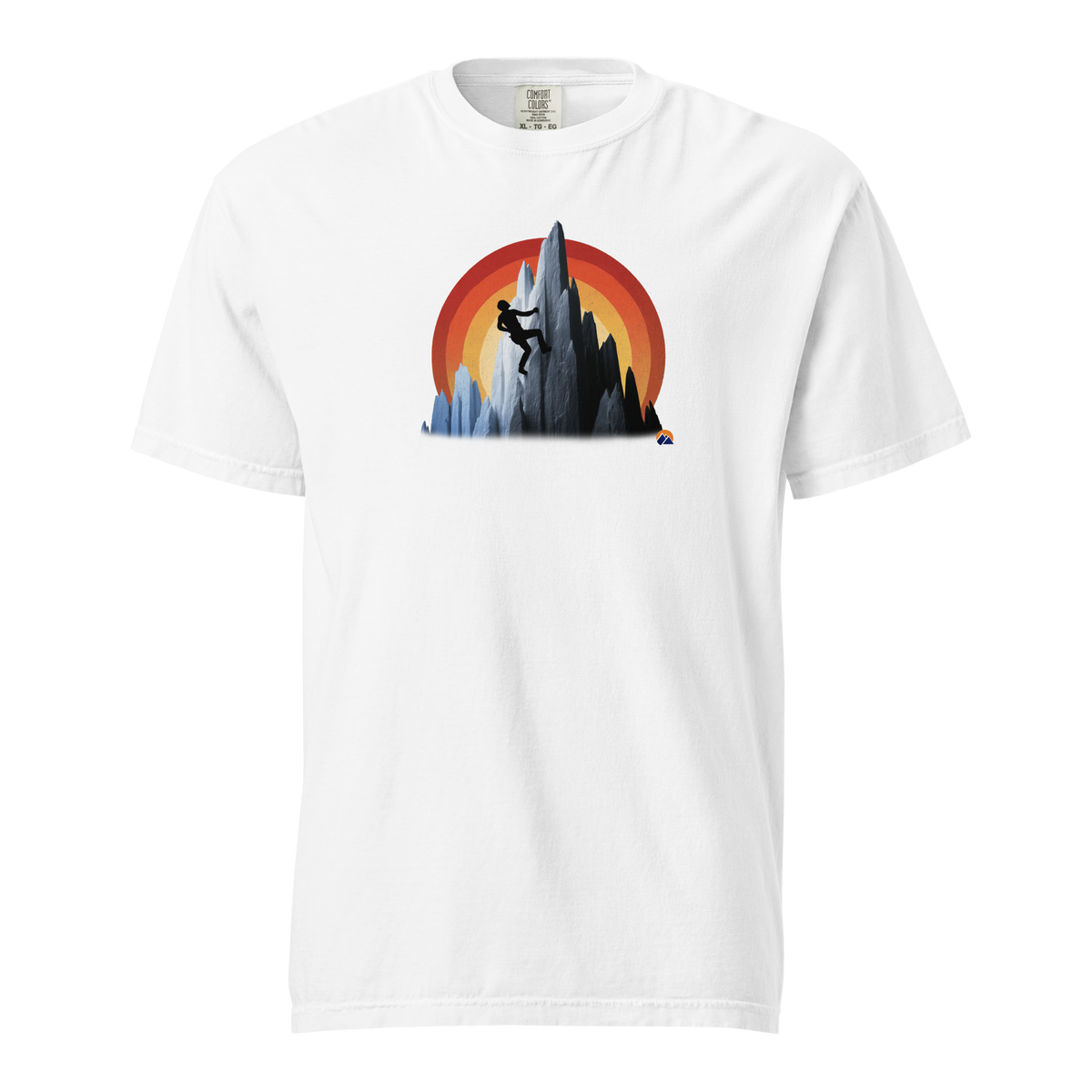 Sunset Climber — Grin Dwellers White heavyweight garment-dyed tee, front view