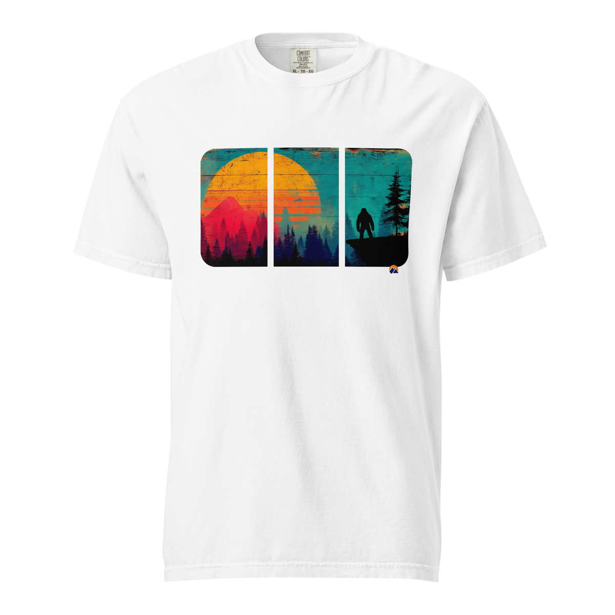 Bigfoot At Dusk — Grin Dwellers White heavyweight garment-dyed tee, front view