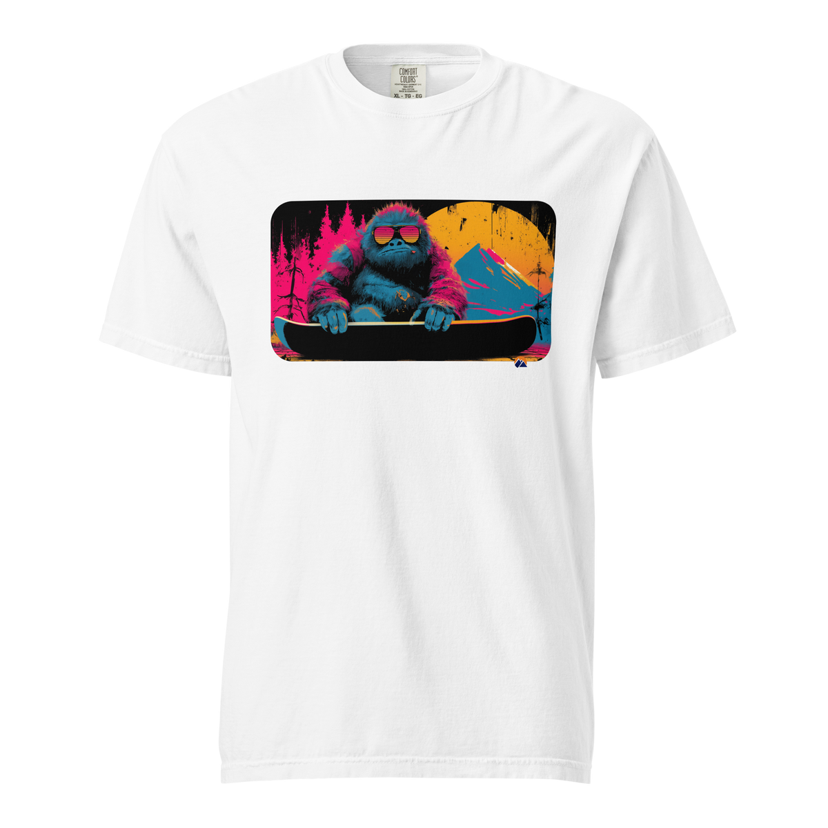 Neon Yeti — Grin Dwellers White heavyweight garment-dyed tee, front view