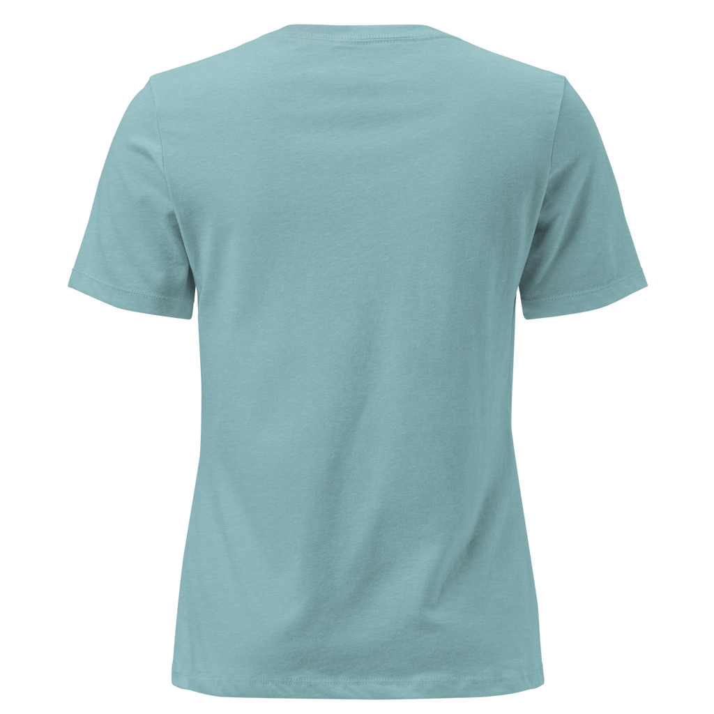 The Line — Grin Dwellers Heather Blue Lagoon women's relaxed tee, back view
