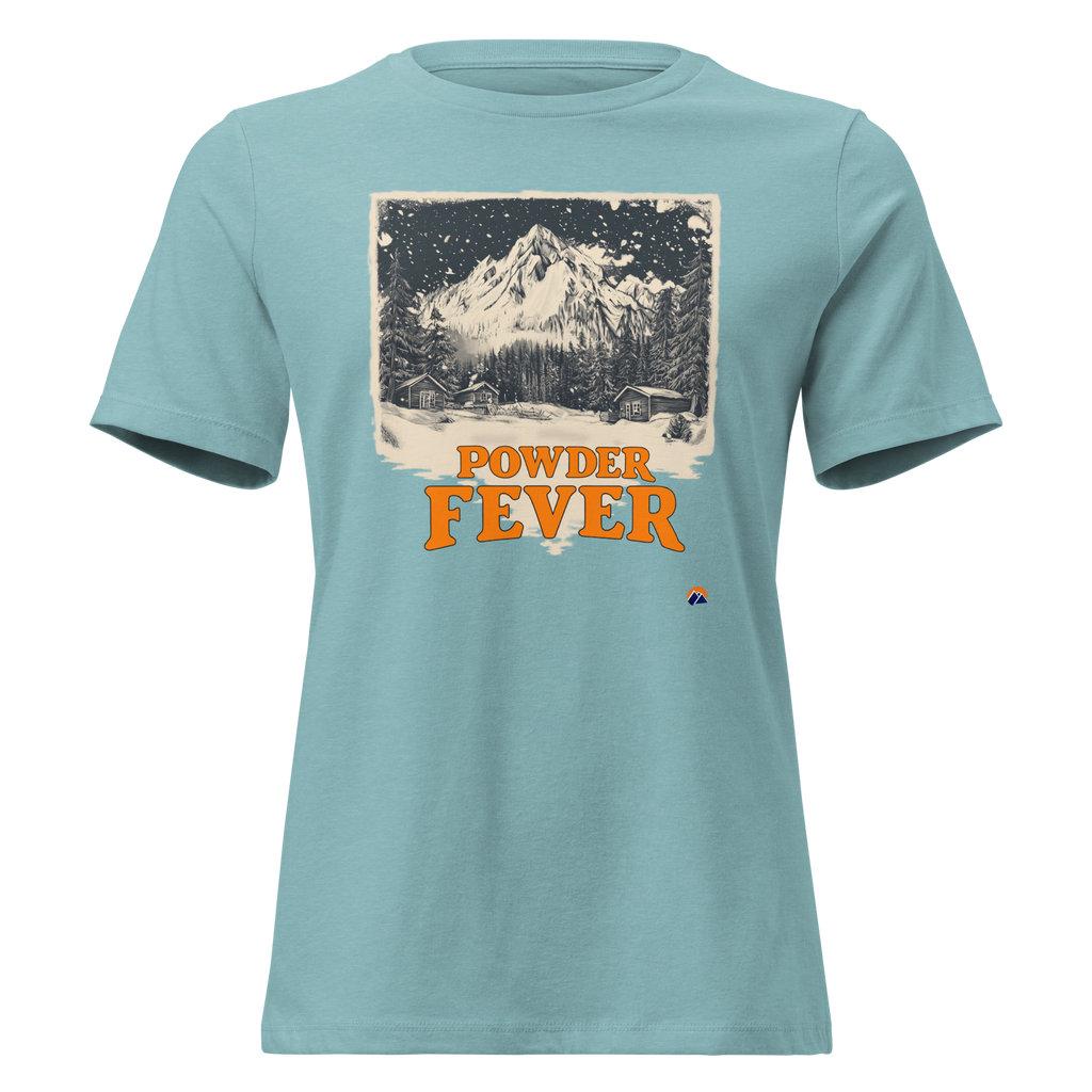 Powder Fever — Grin Dwellers Heather Blue Lagoon women's relaxed tee, front view