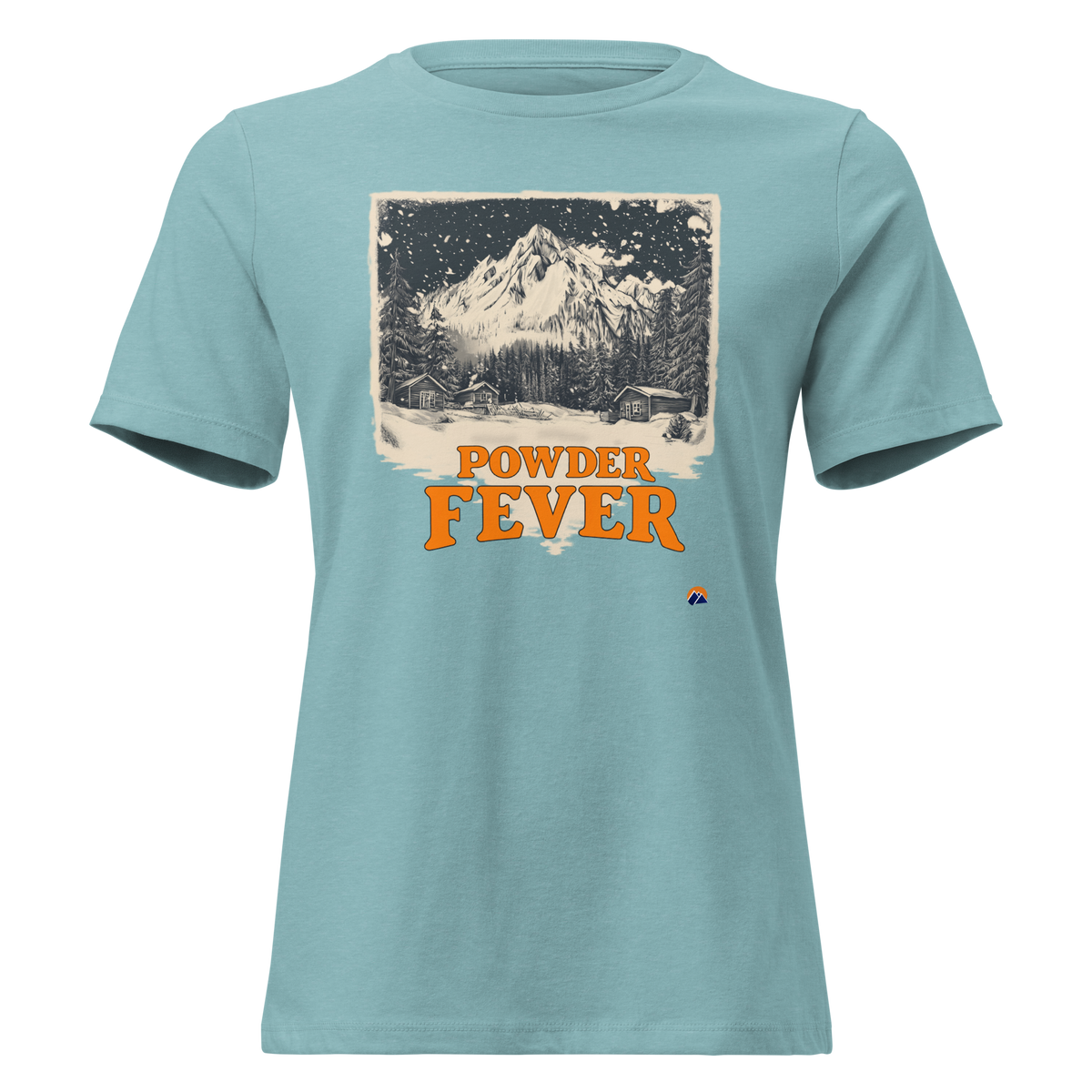 Powder Fever — Grin Dwellers Heather Blue Lagoon women's relaxed tee, front view