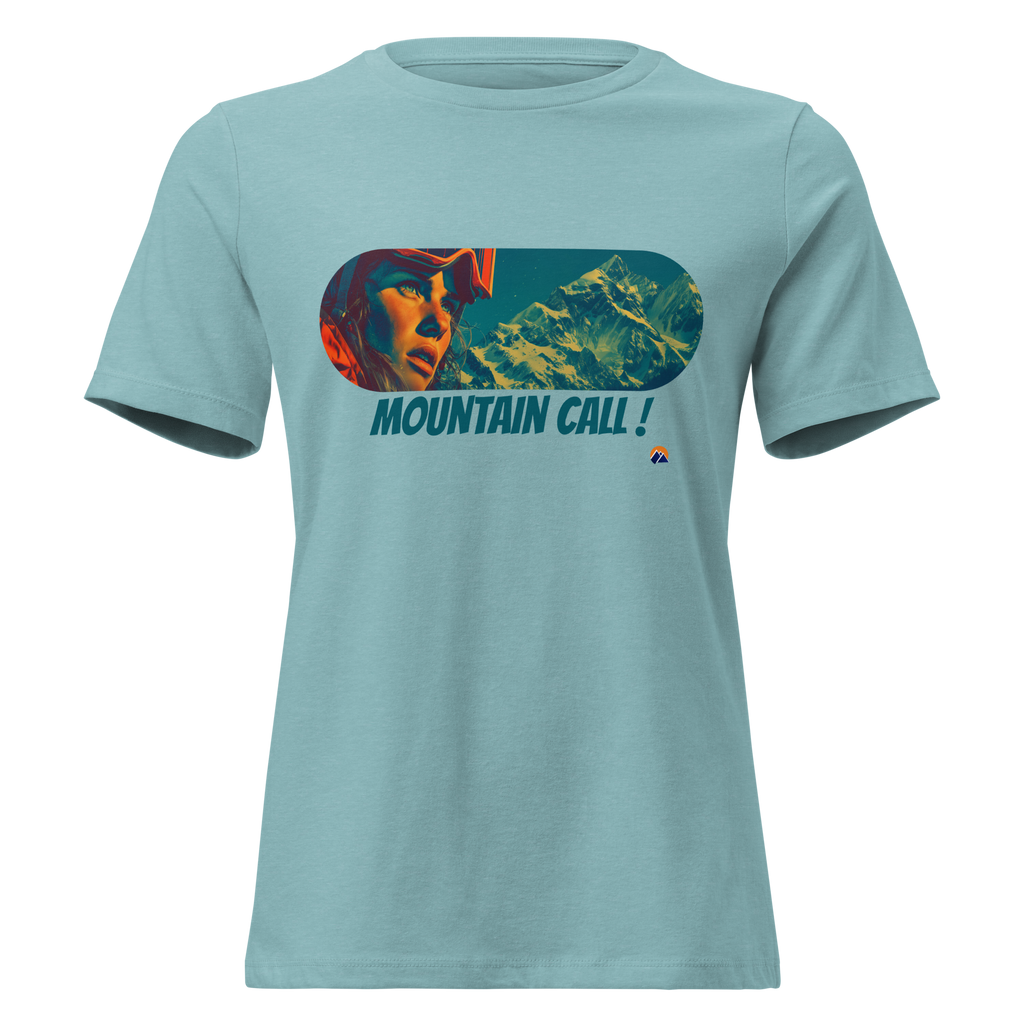 Mountain Call — Grin Dwellers Heather Blue Lagoon women's relaxed tee, front view