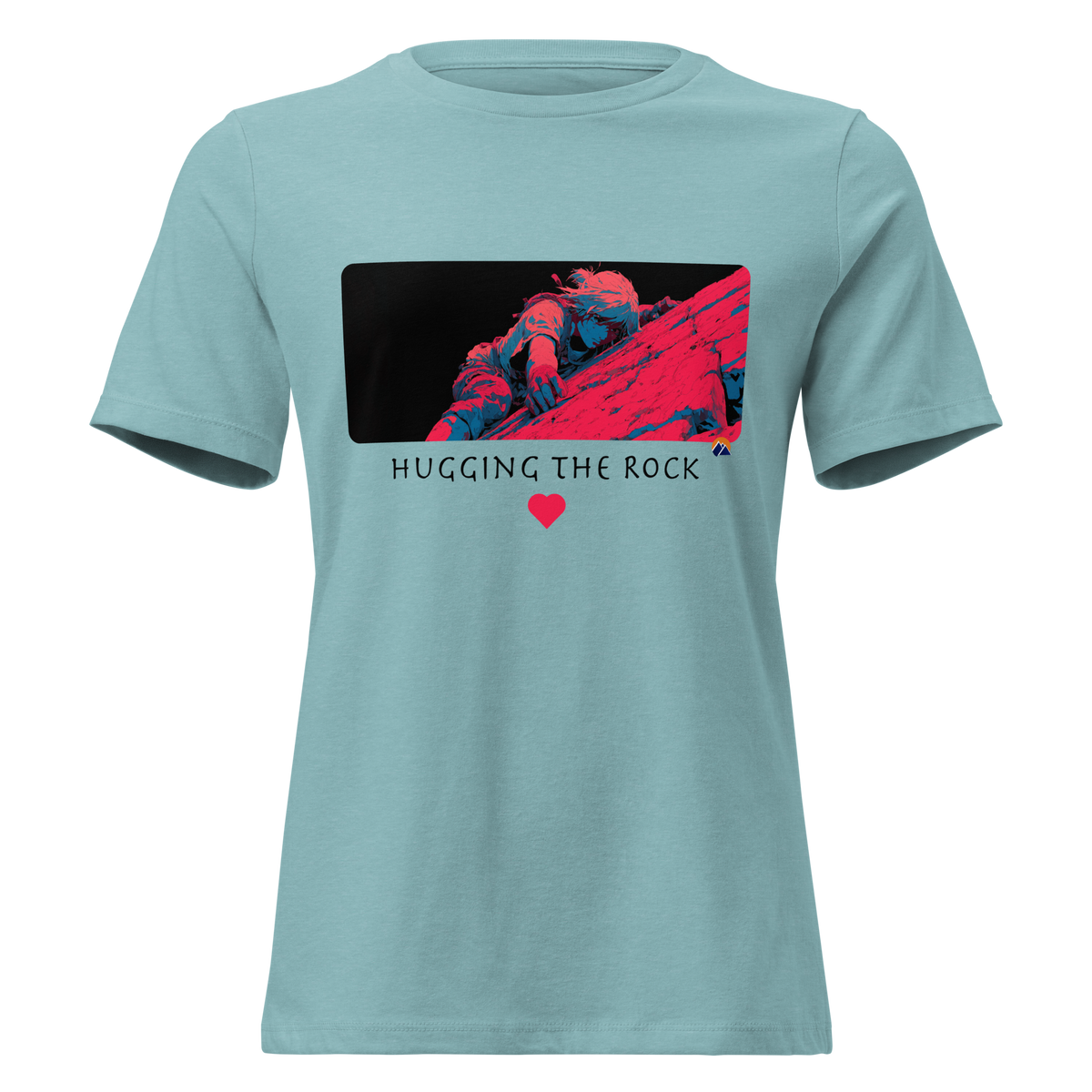 Hugging The Rock — Grin Dwellers Heather Blue Lagoon women's relaxed tee, front view