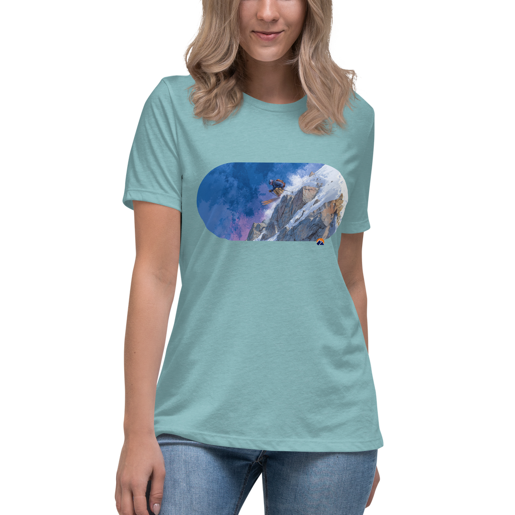 Steep & Deep — Grin Dwellers Heather Blue Lagoon women's relaxed tee, detail view