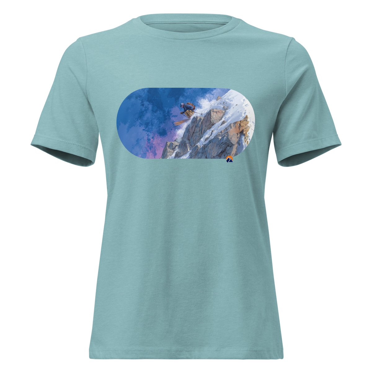 Steep & Deep — Grin Dwellers Heather Blue Lagoon women's relaxed tee, front view
