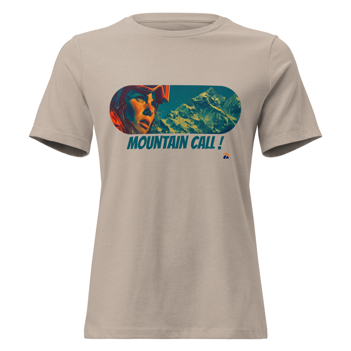 Mountain Call — Grin Dwellers Heather Stone women's relaxed tee, front view