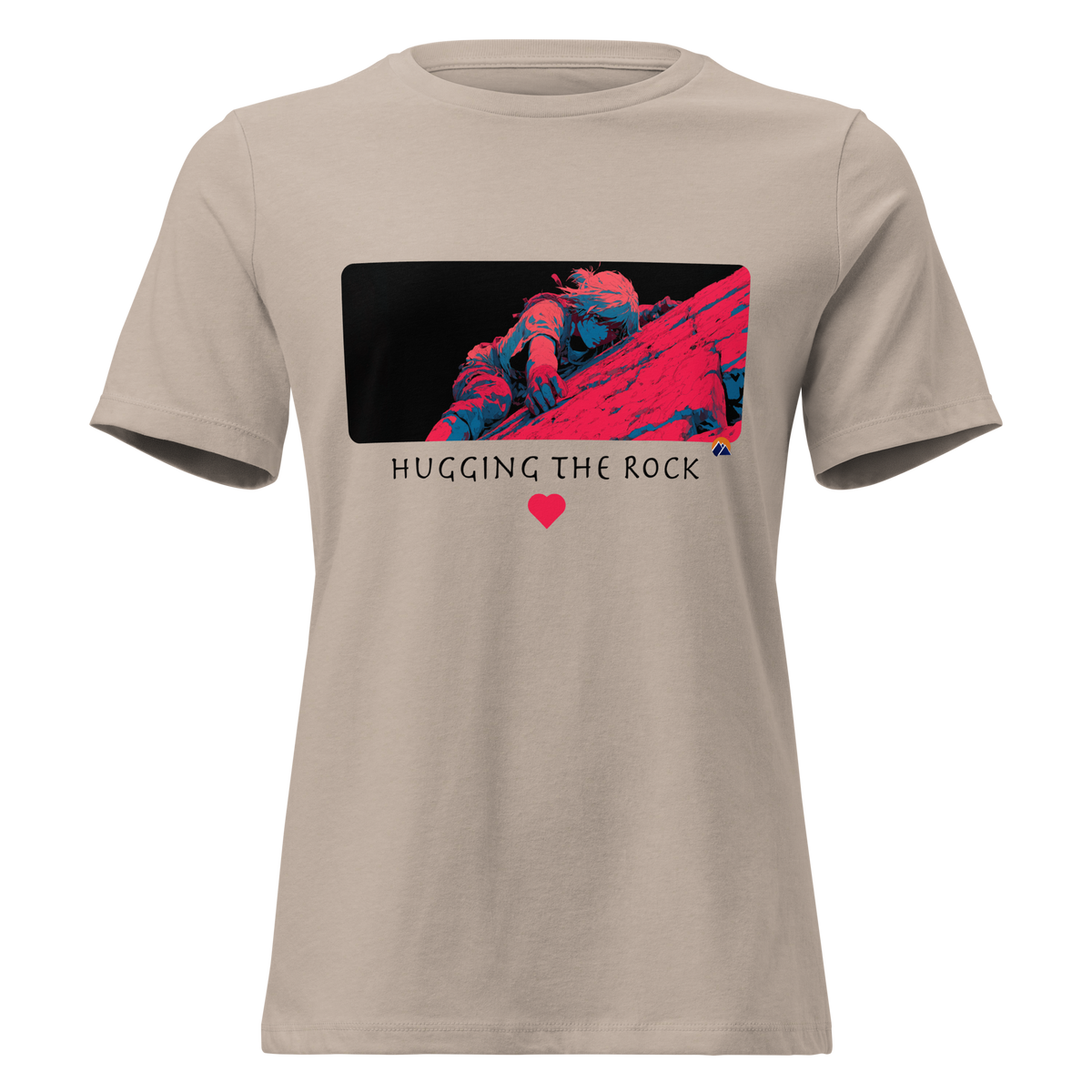 Hugging The Rock — Grin Dwellers Heather Stone women's relaxed tee, front view