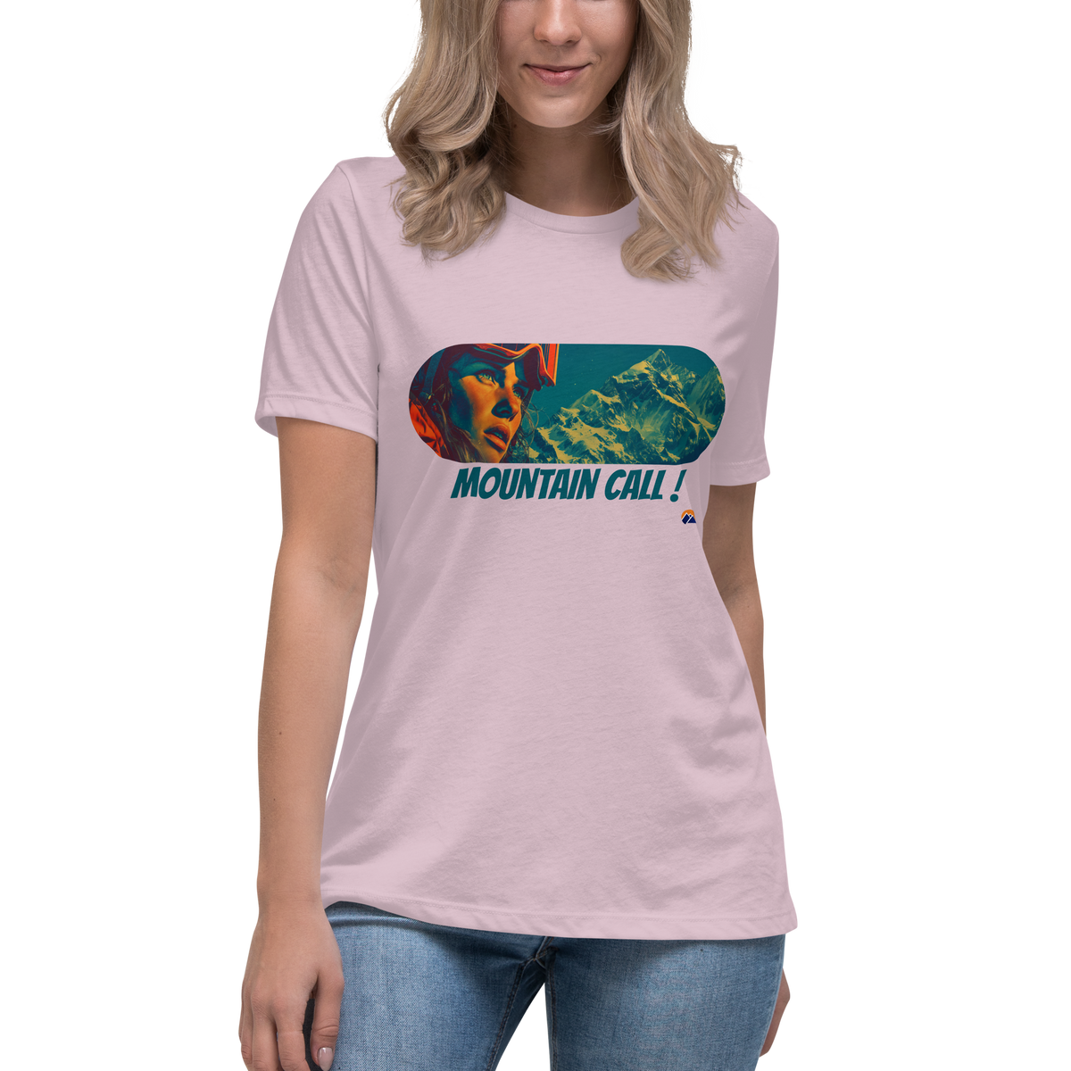 Mountain Call — Grin Dwellers Light Violet women's relaxed tee, detail view