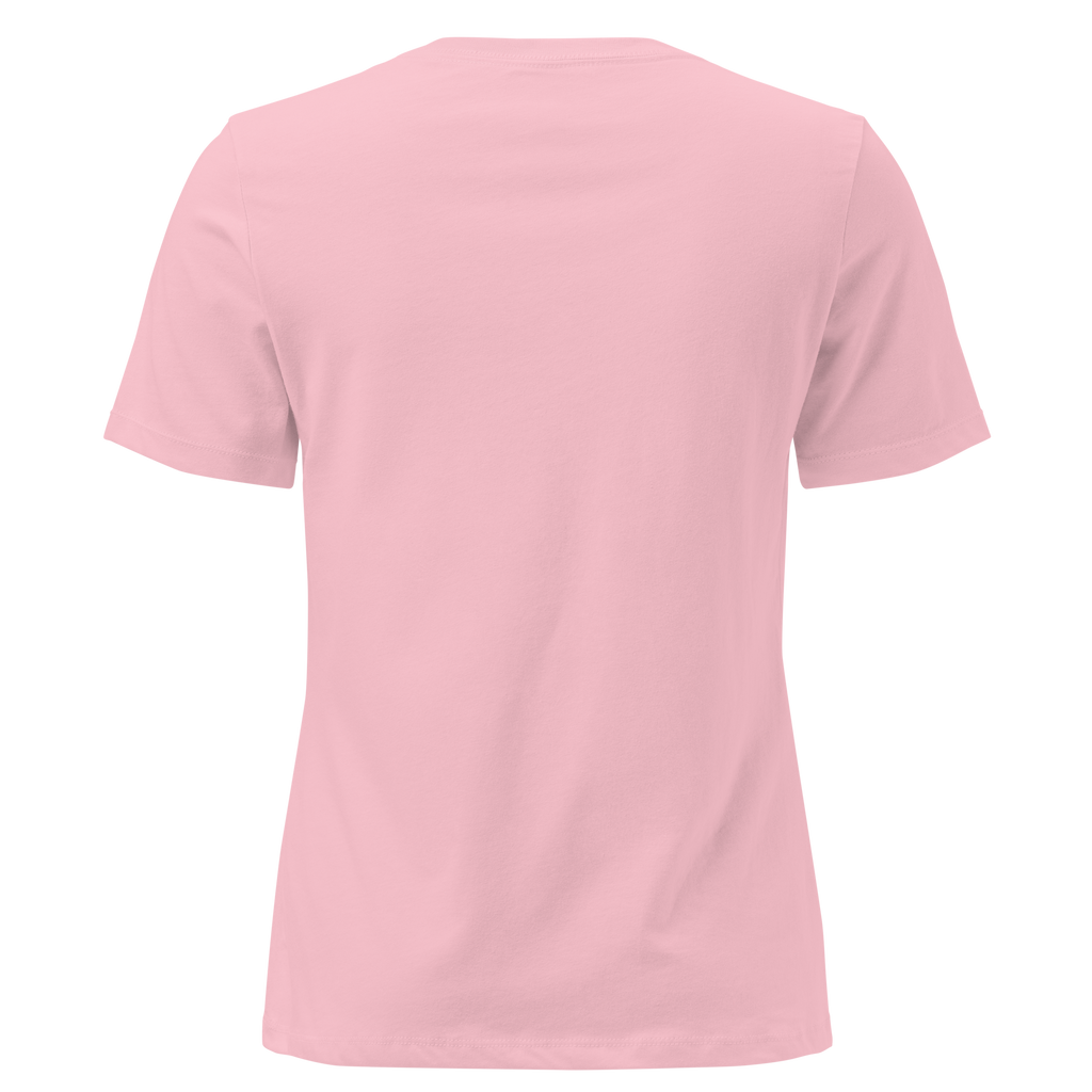 Hugging The Rock — Grin Dwellers Pink women's relaxed tee, back view