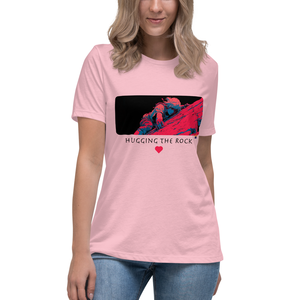 Hugging The Rock — Grin Dwellers Pink women's relaxed tee, detail view