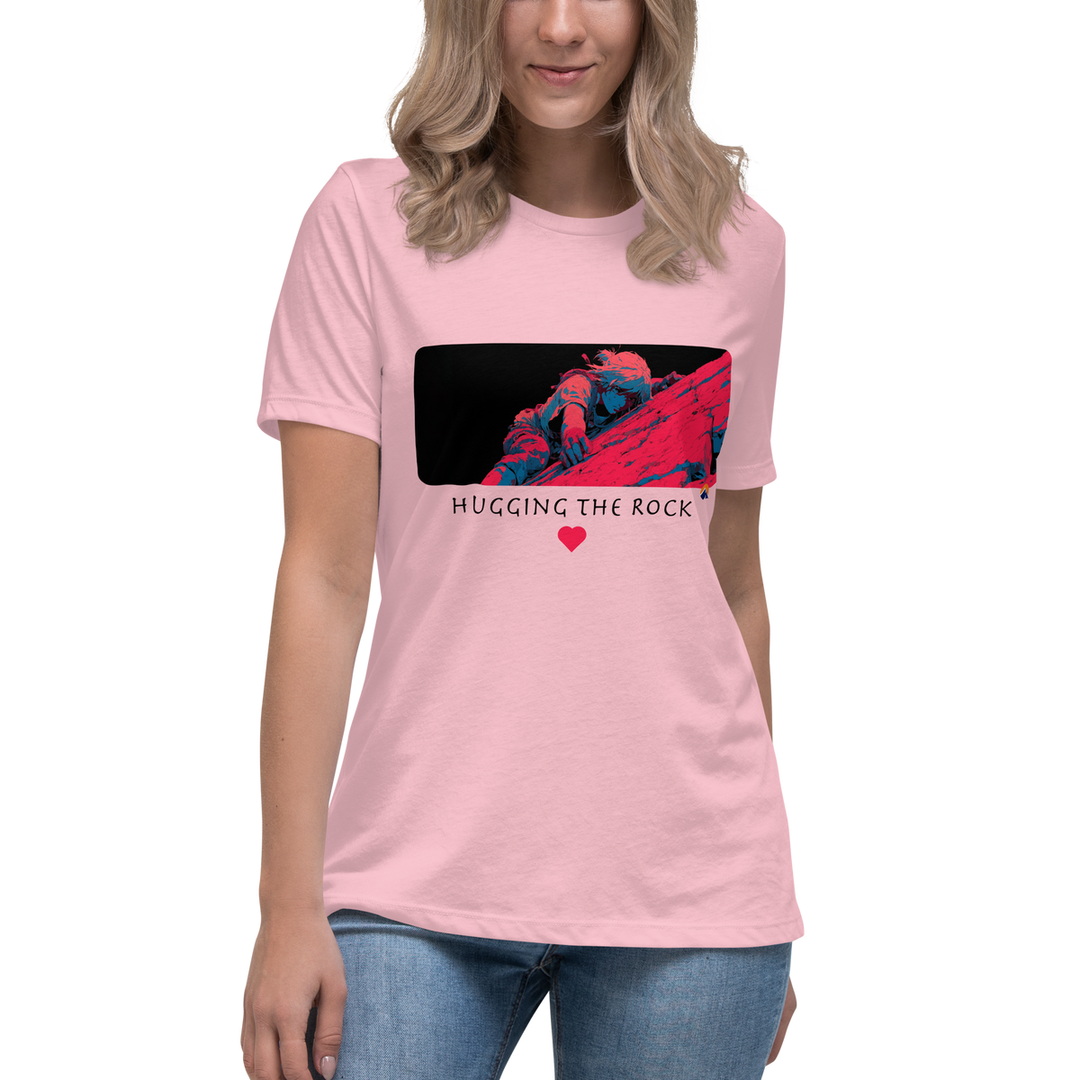 Hugging The Rock — Grin Dwellers Pink women's relaxed tee, detail view