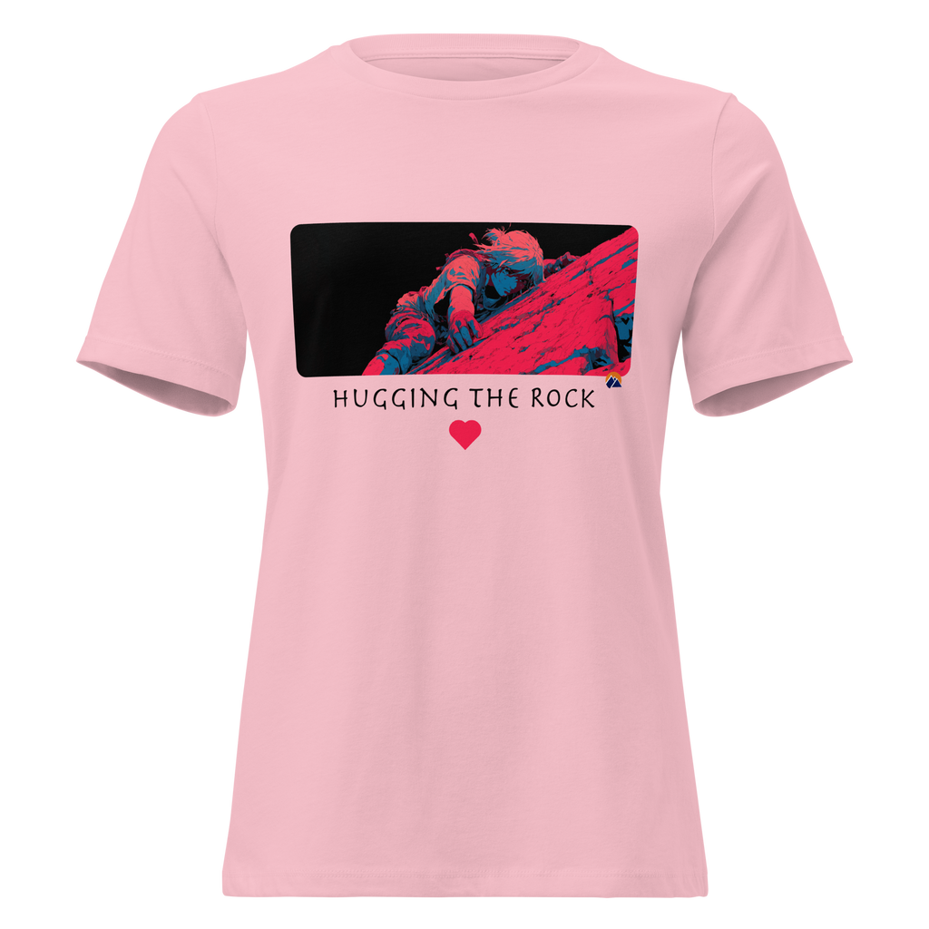 Hugging The Rock — Grin Dwellers Pink women's relaxed tee, front view